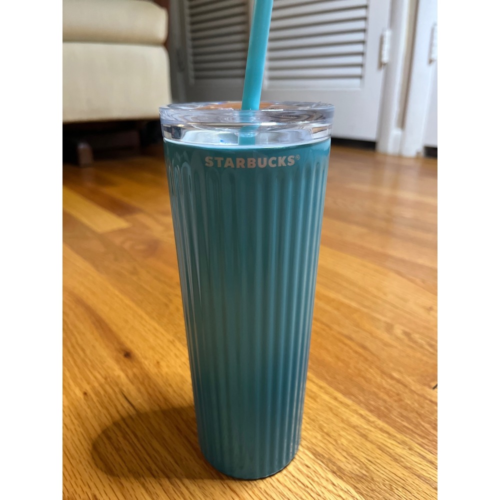 Starbucks Tumbler China Only Release Ribbed Teal Green Cold Cup With Straw 24 oz